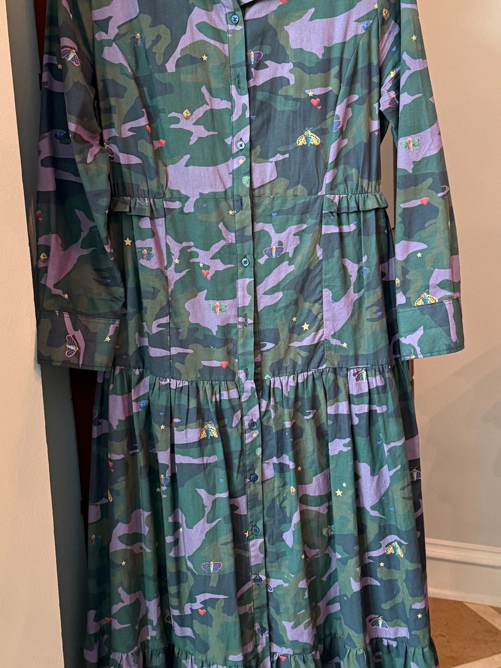 Vilagallo Green & Lavender Camouflage Tiered Button-Front Dress